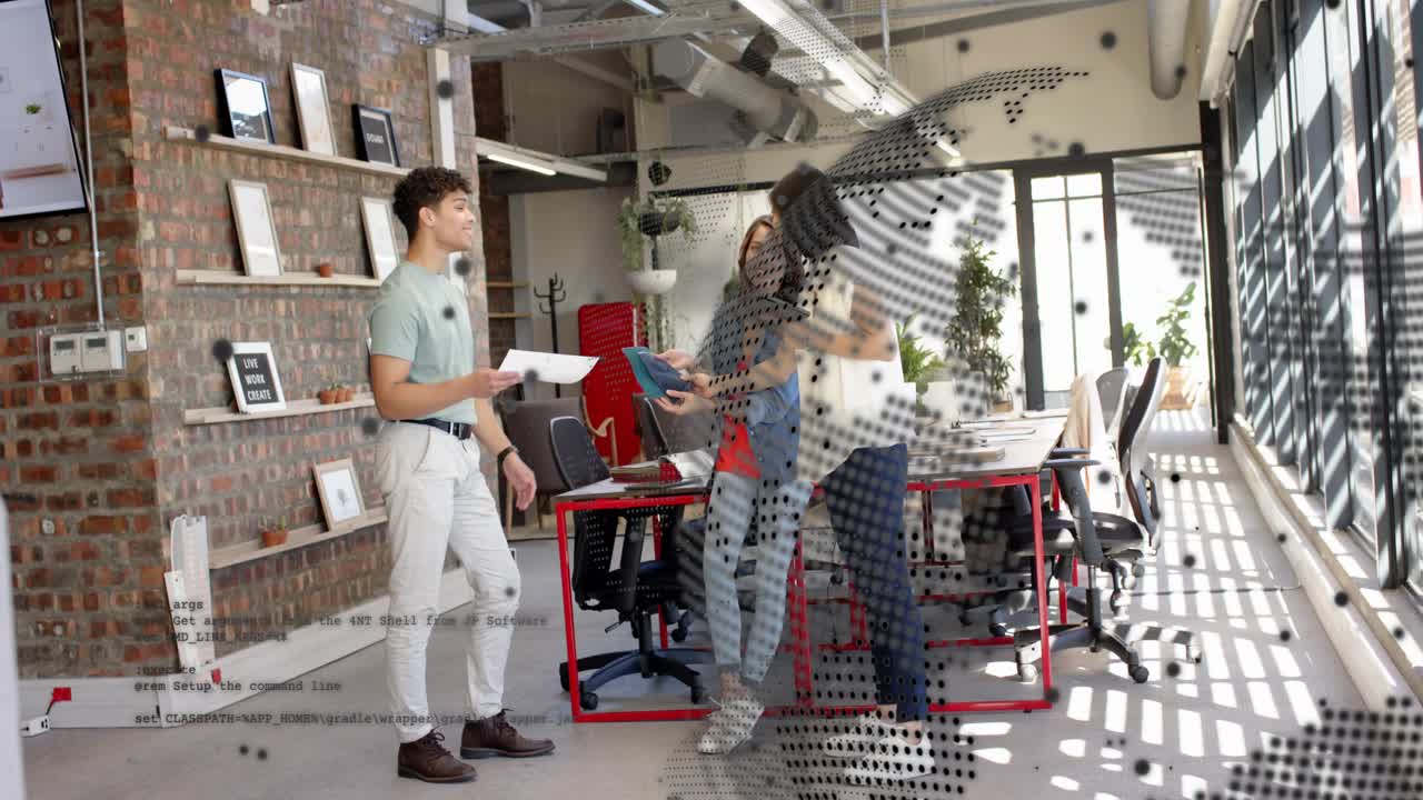 Man pointing docs, denim woman handing blue folder, office team aligning steps, dots hiding tablet