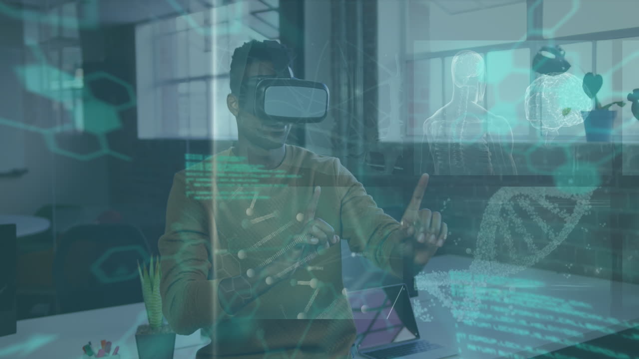 Animation of data processing over african american businessman using vr headset