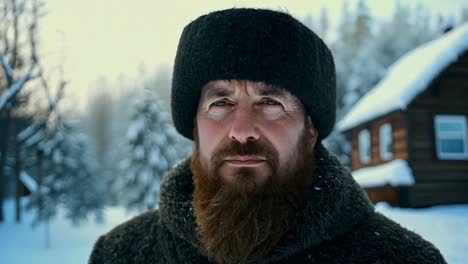 a bearded man in traditional winter clothing stands outside a cabin in the snowy forest.