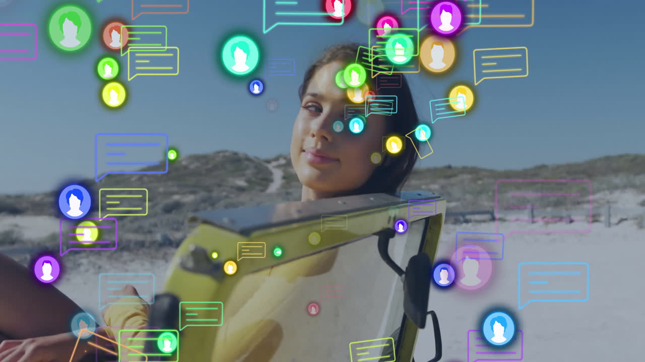 Woman reclining in yellow beach chair on sandy shore, showcasing floating social media icons