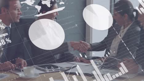 statistical data processing against two businesswomen shaking hands at office