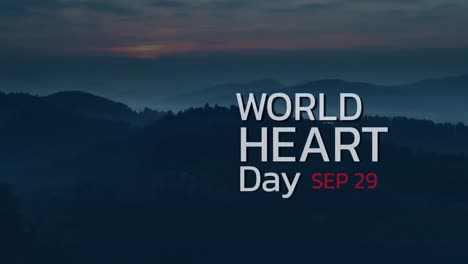 animation of world heart day over landscape at dusk