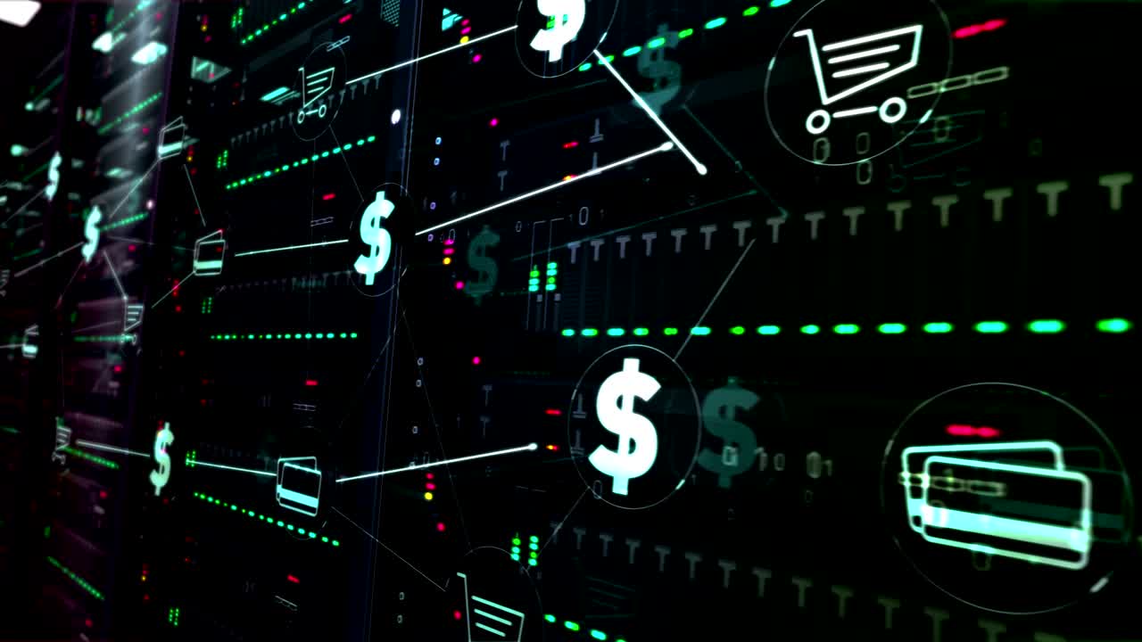 백그라운드 루프에서 서버 방에 디지털 마케팅 및 온라인 쇼핑 상징