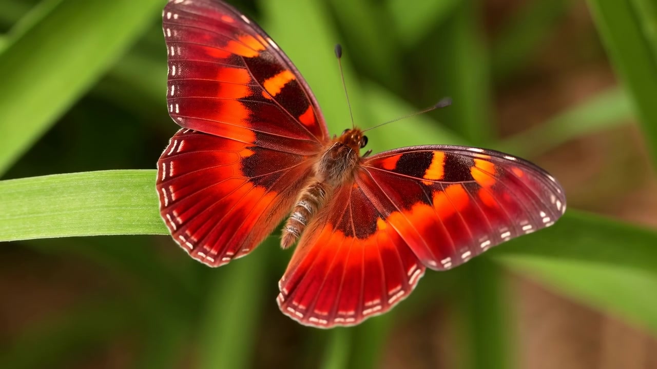 Primo piano di una farfalla rossa e arancione posata su un filo d'erba orizzontale, con le ali completamente spiegate in una luce diurna soffusa, con marcature vivide, texture fine e una delicata scena naturale, con farfalla, insetto
