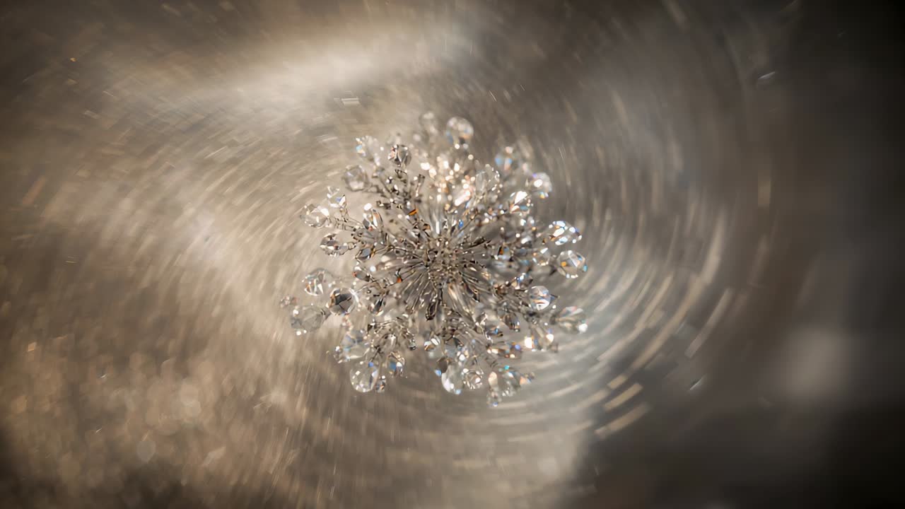 Showing crystal cluster reacting to shifting warm light on ceiling, with facets, metal hub, ripples