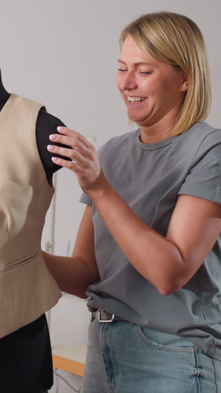 blonde white woman adjusts beige vest on mannequin during final fitting, solo designer smiles while smoothing fabric and securing buttons, casual jeans and modern studio lighting, focus