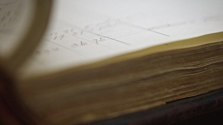 Close up of flipped pages of an old book with handwritten markings