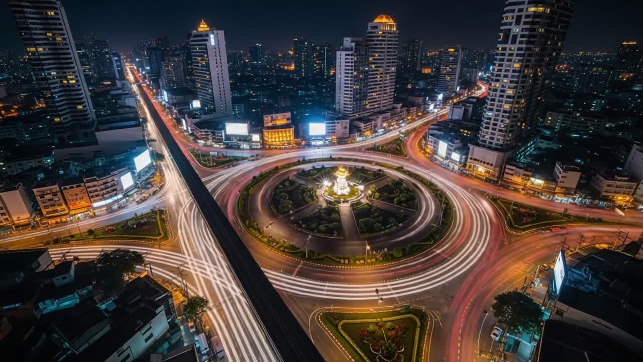 Vibrant urban nightscape with traffic light trails around a central roundabout