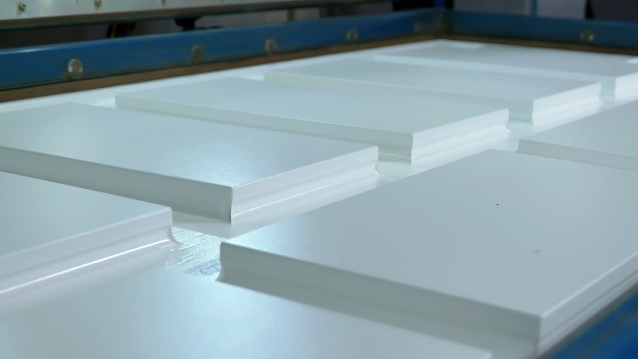 산업용 진공 프레스, 제조 산업에서 pvc로 포장되는 나무의 근접 촬영