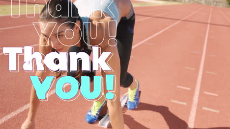 animation of thank you text in repetition in outline, white and blue over woman racing