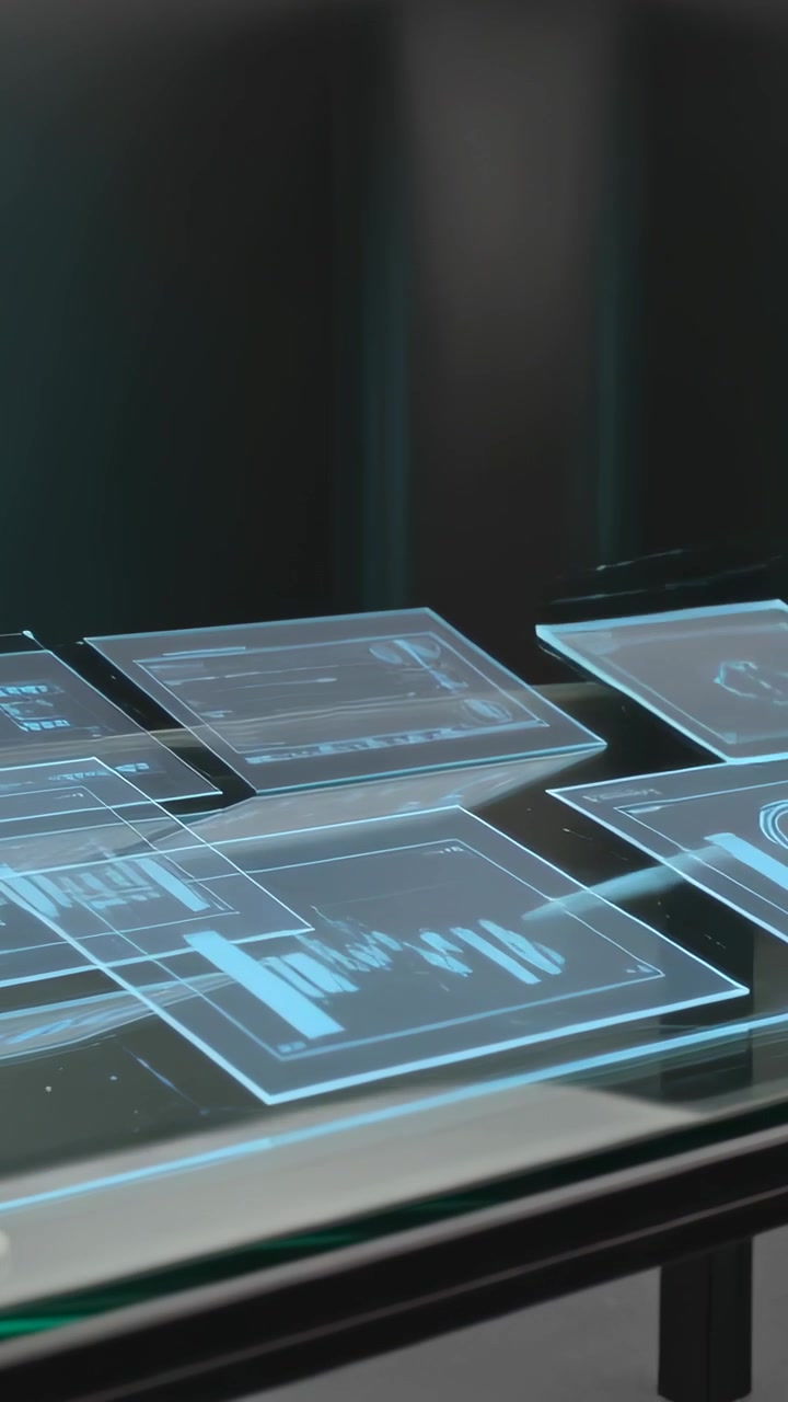 Vertical video: System starting hologram panels aligning above glass table for demo, showing charts