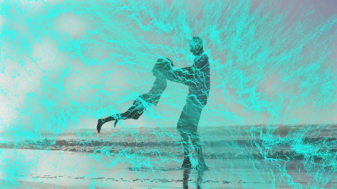 Father lifting daughter on beach shoreline, with floating heart icon and health chart overlay