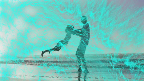 father lifting daughter on beach shoreline, with floating heart icon and health chart overlay