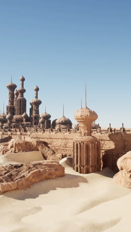 a fantasy desert city with tall towers and a sand dune landscape