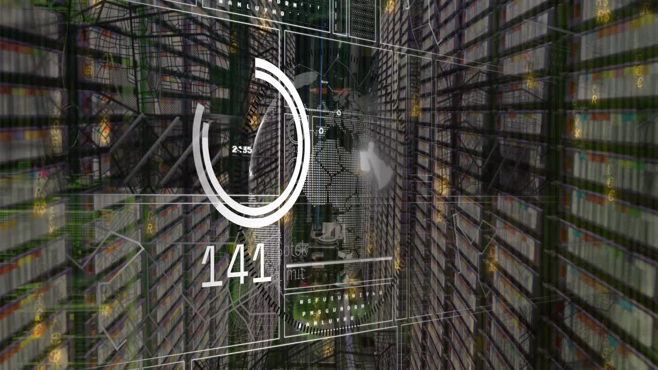 animación del procesamiento de datos y el globo sobre la sala del servidor