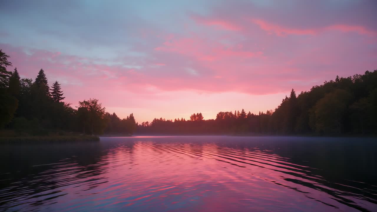Rising sun illuminating pastel clouds and brightening ripples on lake at dawn, with morning mist