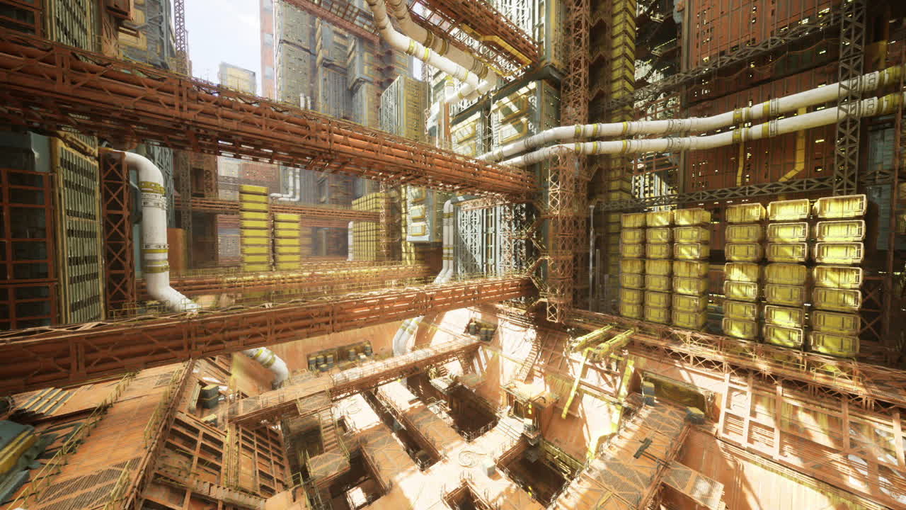 Vivid light bursts accentuate rusted structural beams in factories