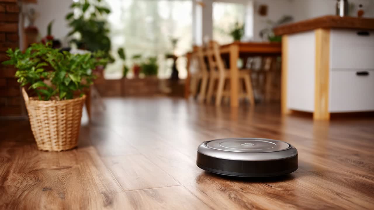 A robotic vacuum cleaner quietly performs its task in a spacious, sunlit room adorned with greenery, showcasing modern home technology in a beautifully designed and well-lit interior space