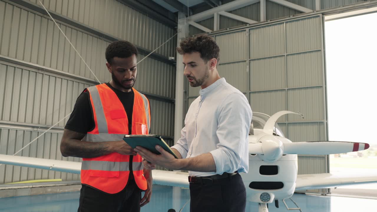 Two people in an airport hangar looking at a tablet
