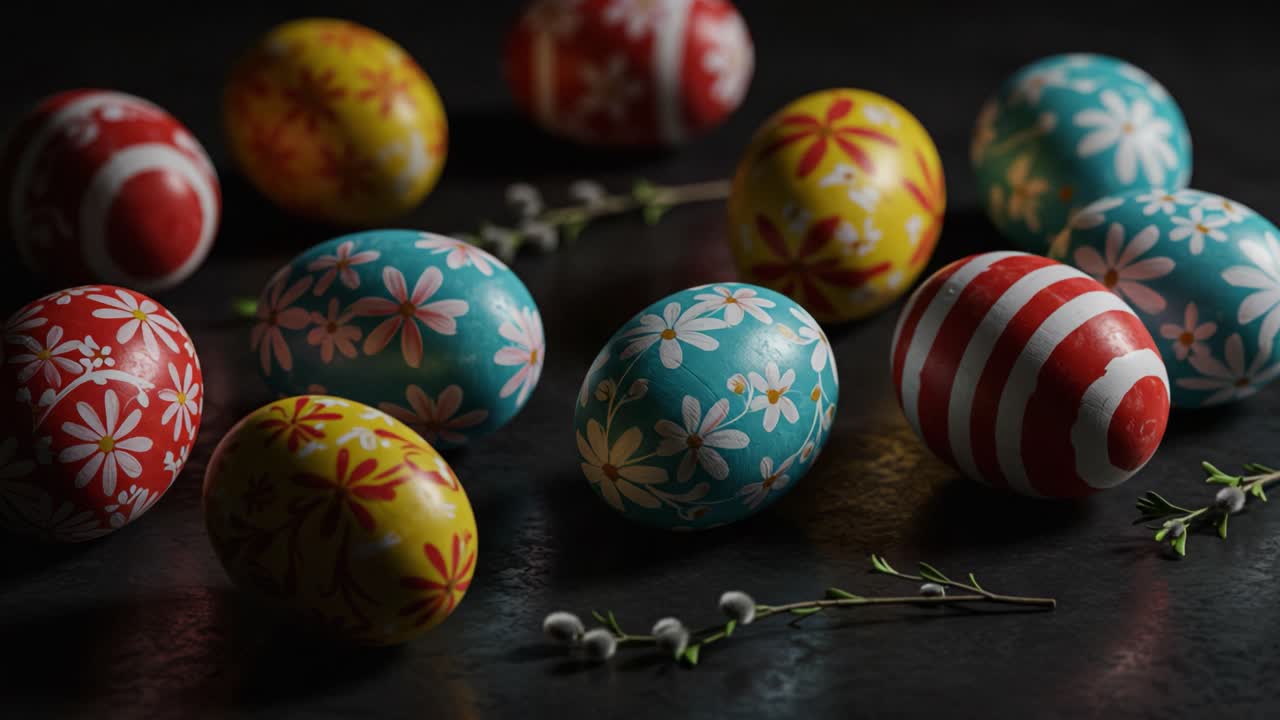 A Colorful Display of Beautifully Crafted Easter Eggs Featuring Intricate Floral Patterns and Stripes, Set Against a Dark Background, Perfect for Celebrating Spring Festivities