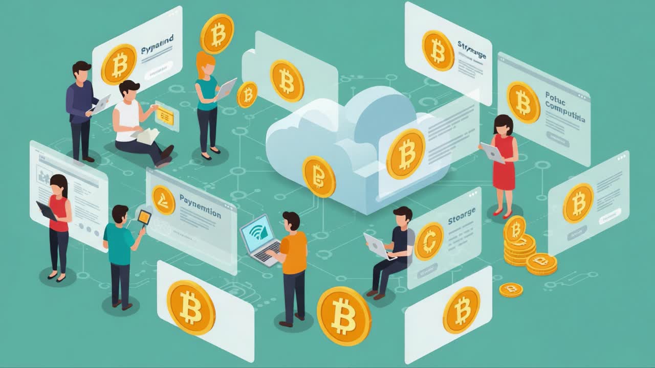 Esplorando le criptovalute: un'interazione dinamica con Bitcoin, portafogli digitali e tecnologia cloud attraverso utenti coinvolti in un panorama digitale interattivo.
