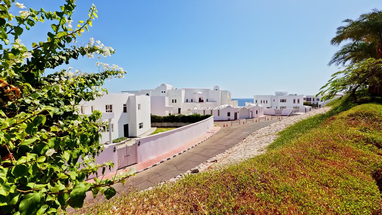 Desert landscape with palm trees and hotel buildings in Sharm El Sheikh, sunny day, establishing pan