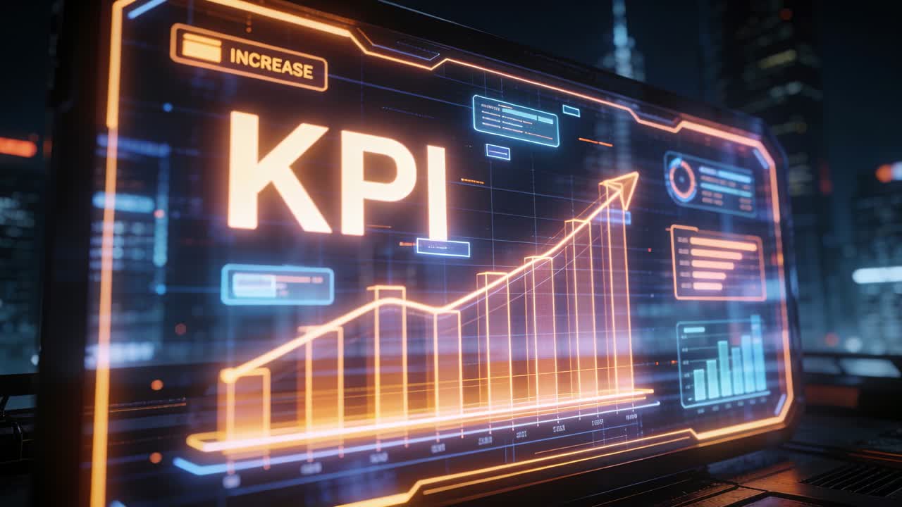 Holographic KPI display responding to data update, growing bars and rising trend line for business