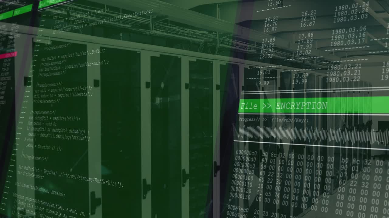 Server cabinets lining narrow corridor, showing code overlay and running encryption progress bar