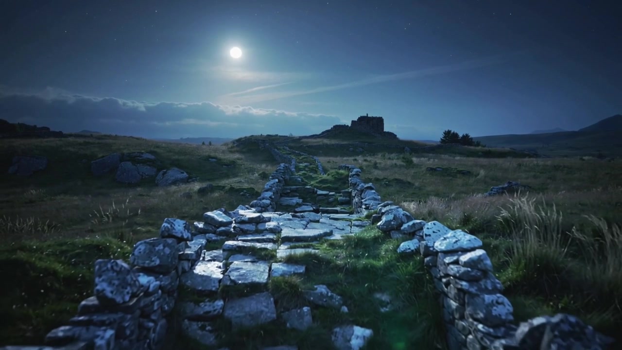 La telecamera si avvicina lentamente a un'antica strada rialzata con muretti bassi attraverso una brughiera illuminata dalla luna, mostrando una rovina.