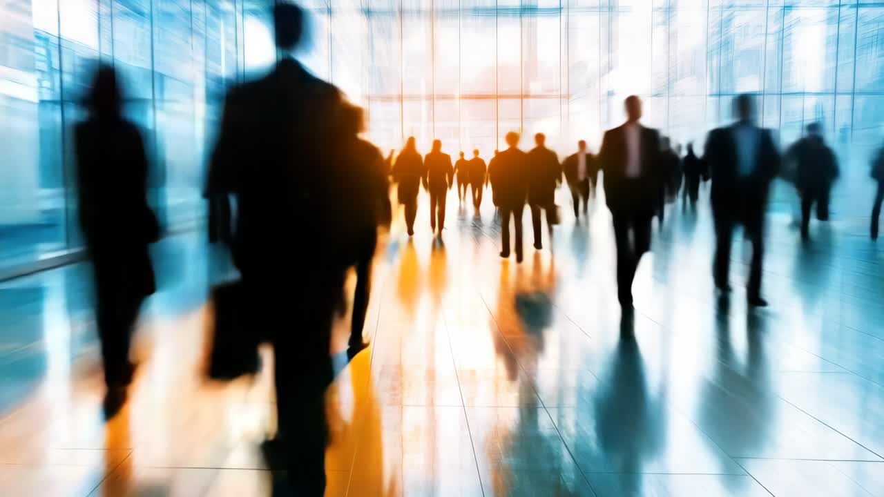 Blurred motion video style of people walking in a bright, modern building