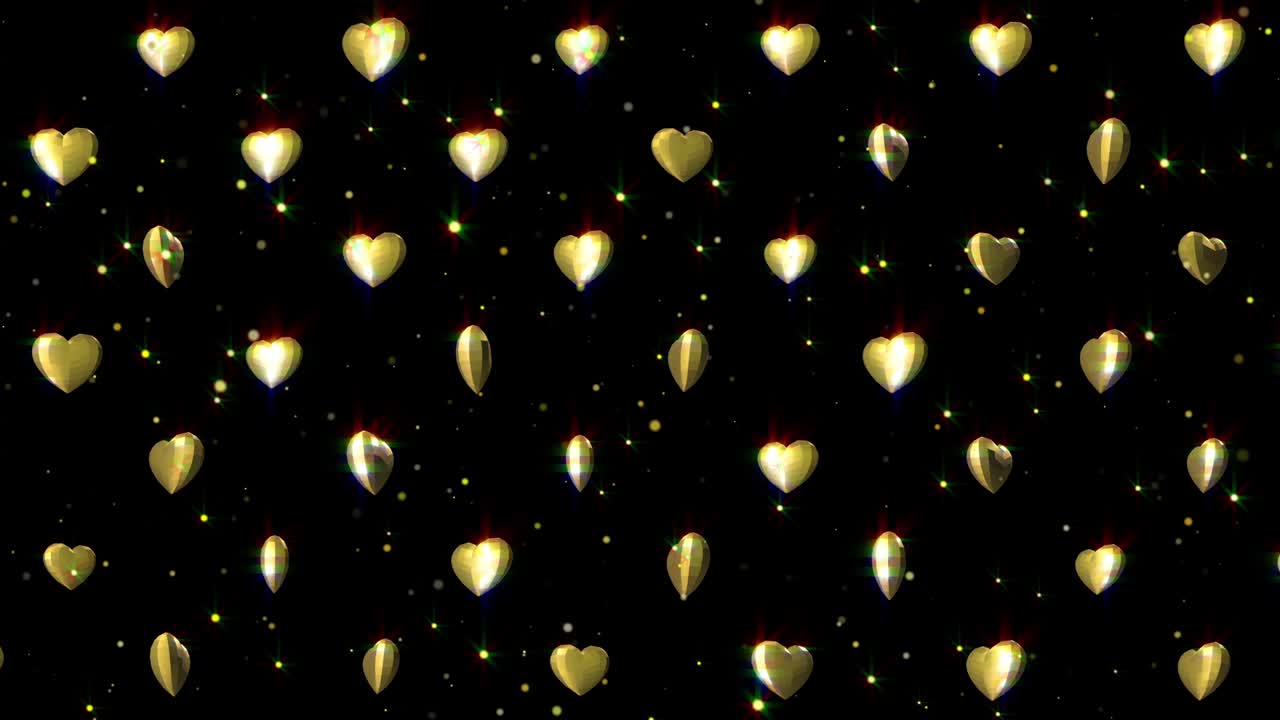 화려한 발렌타인 데이 배경과 반이는 콘페티와 반이는 황금 심장 패턴.