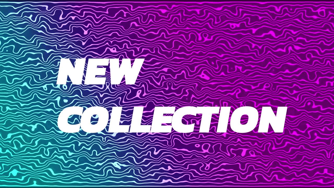 animación de la nueva colección en texto blanco con distorsión colorida sobre ondas rosas y azules