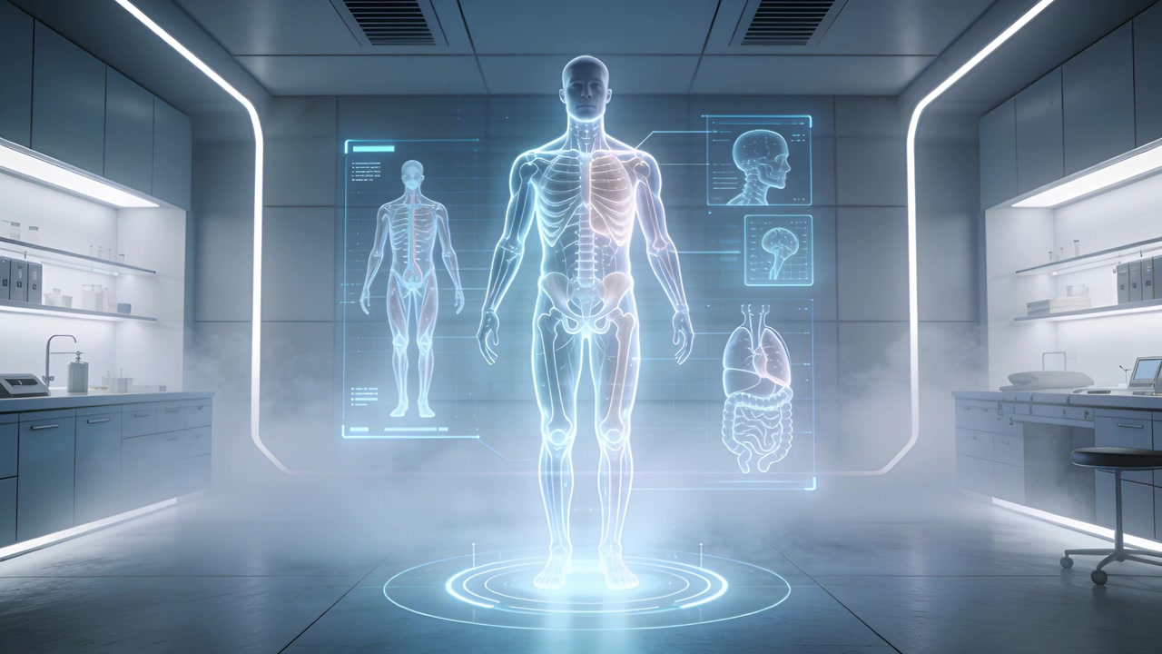 Emitting light, floor projector projecting anatomical hologram in sealed lab for diagnostic scan