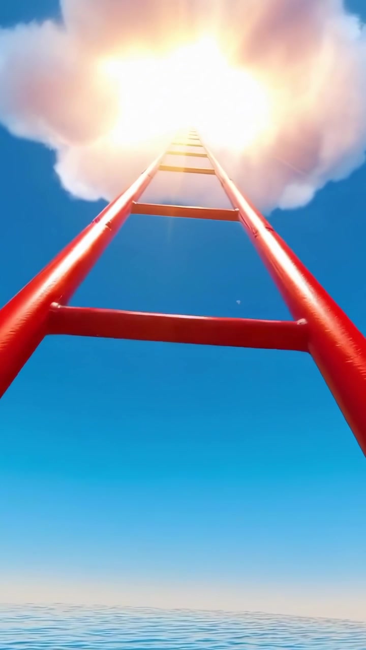 Red Ladder Ascending from Water to a Bright Glowing Cloud
