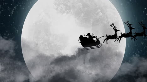 silhouette of santa claus in sleigh being pulled by reindeers against moon