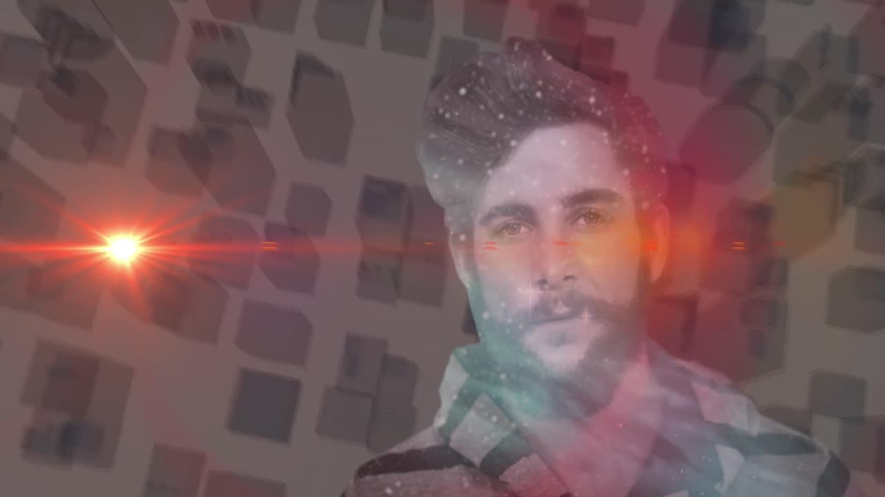 Man over red spot of light moving against cityscape