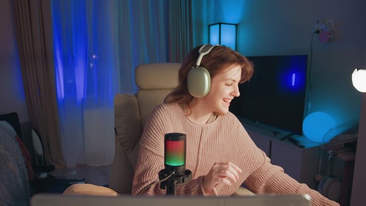 Una giovane donna siede alla scrivania in un accogliente studio in camera da letto illuminato a LED, indossando cuffie over-ear e parlando in un microfono da tavolo illuminato, mentre sorride, leggermente inclinata e guarda la telecamera con un'espressione rilassata.
