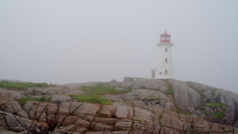 foggy lighthouse at peggys cove, nova scotia, canada