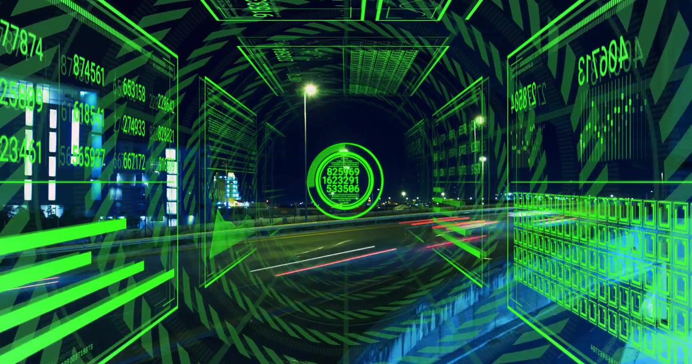 Reticle appearing, green HUD rotating and scanning road, updating numbers, tracking traffic