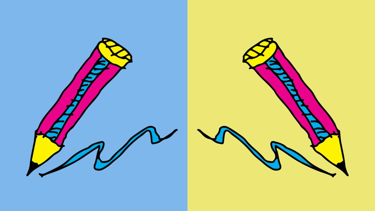 어린이들이 팝 아트 그림을 그리며 연필 테마로 매이지 않는 배경을 그립니다.