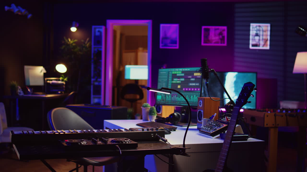 빈 홈 스튜디오에서 곡을 싱하고 녹음하는 데 사용되는 전자 악기