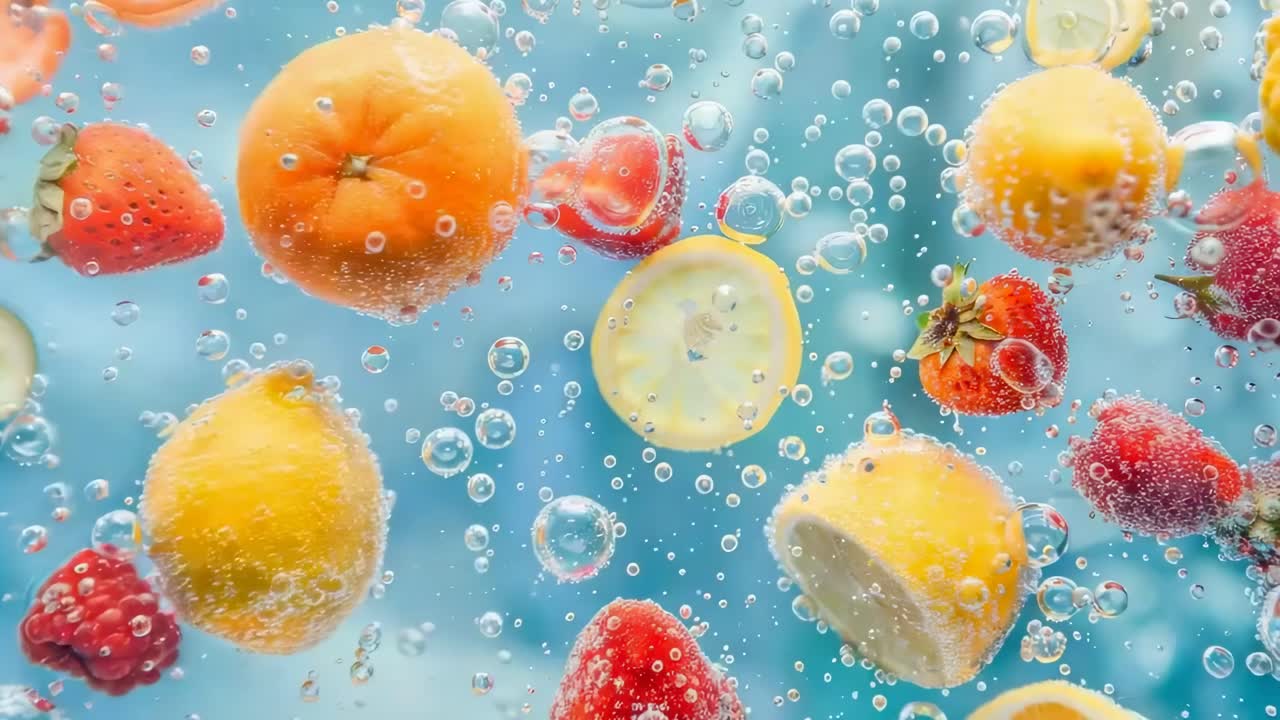 Vibrant fruits submerged in water, captured in a close-up, dynamic angle