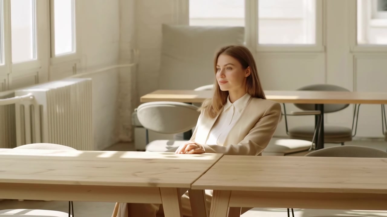Seated woman keeps an upright posture and briefly blinks while soft daylight illuminates her face, white collared shirt, wooden tables, empty chairs, and pale interior.