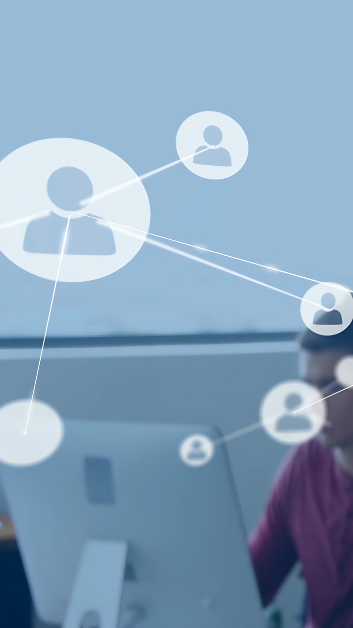 Vertical video: Man launching app overlay, user nodes flowing across screen showing tech network