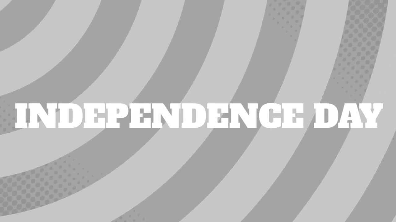Animation of independence day text over grey moving striped background