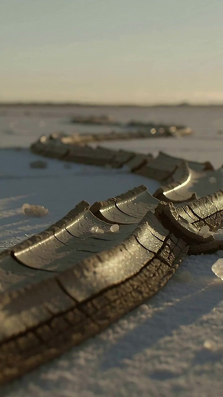 Vertical video: Pulling back camera showing burnt logs on ice to reveal horizon, beads glinting