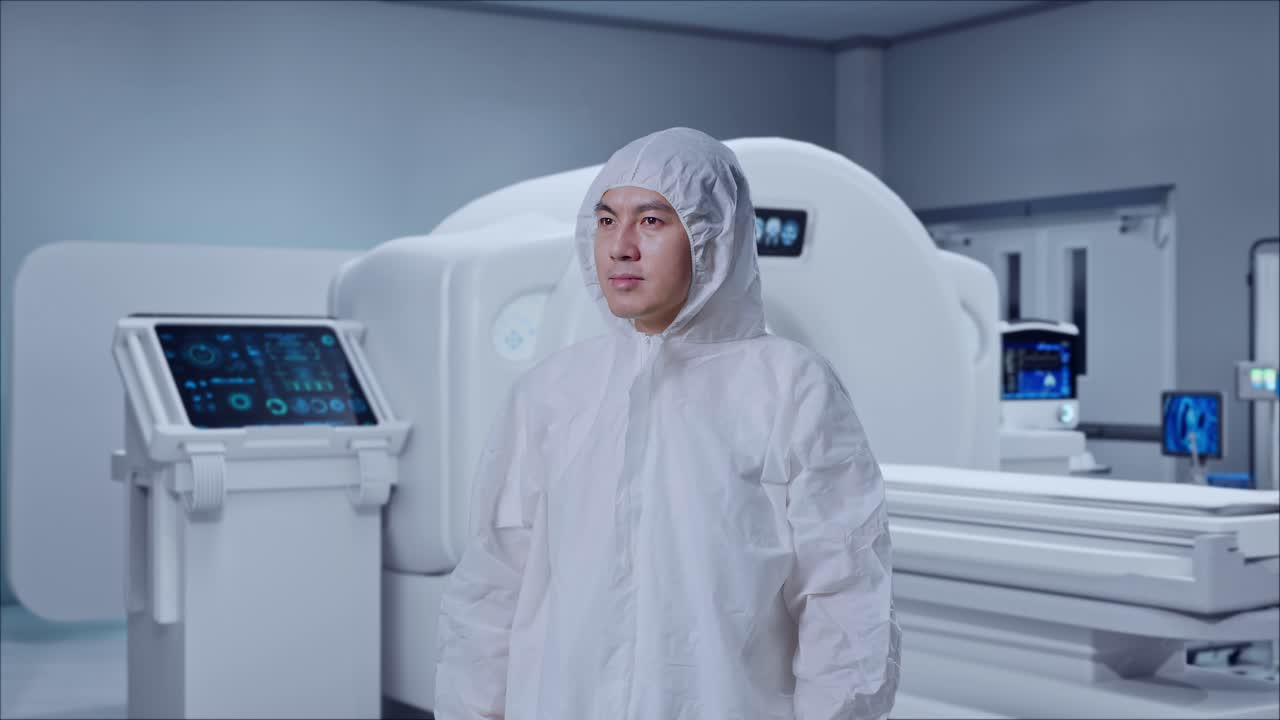 Asian Male Scientist Looking Around With MRI Machine In The Hospital