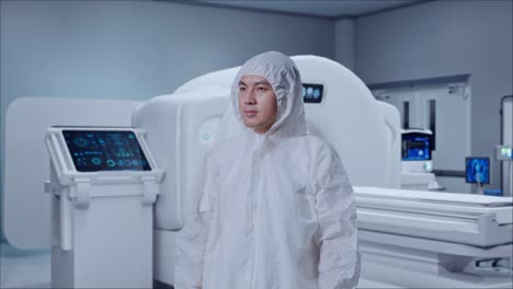 asian male scientist looking around with mri machine in the hospital