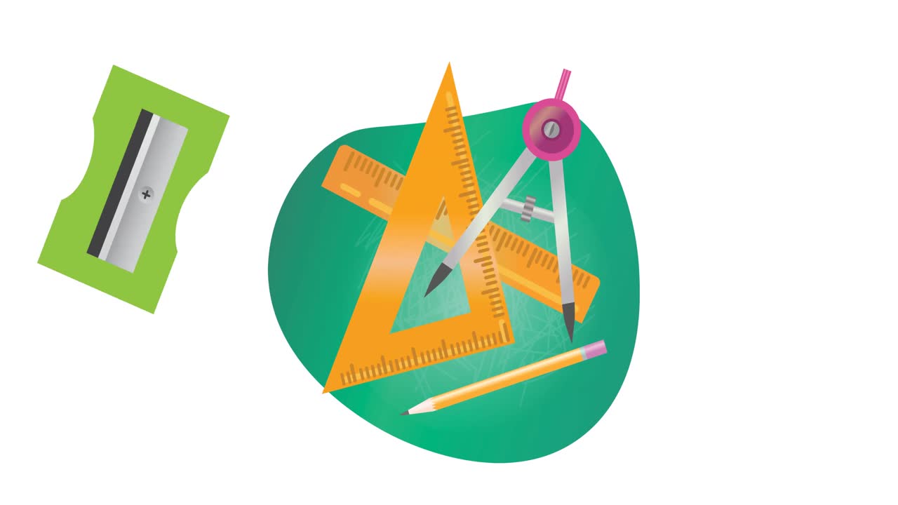 animación de los iconos de los artículos escolares que se mueven sobre un fondo blanco