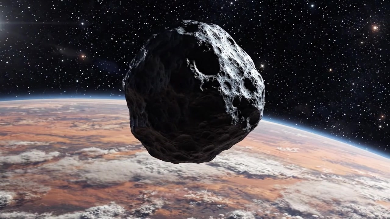 Una vista cosmica mozzafiato di un asteroide che si avvicina a un pianeta con stelle sullo sfondo, catturando la bellezza e la mistica dell'esplorazione dello spazio esterno
